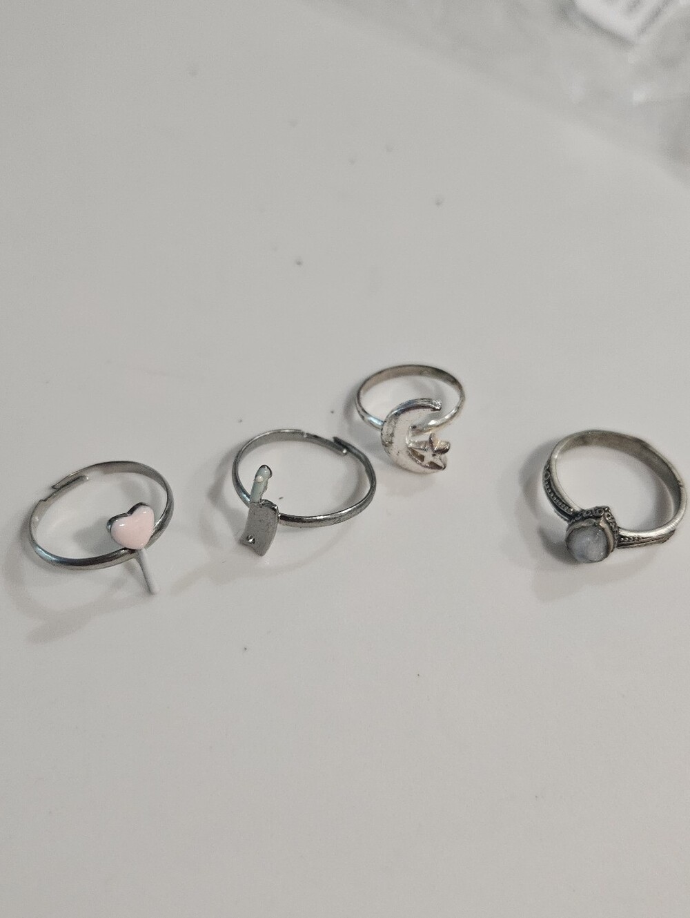 Set of 4 Silver Tone Fashion Rings with Pink Heart and Moon Star